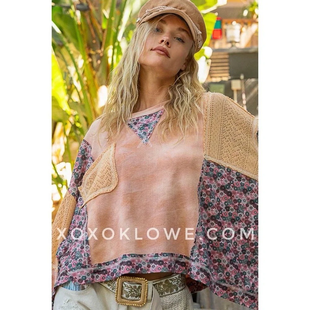 POL Bleach Washed Floral + Lace Waffle Knit oversized Top in Pumpkin Jam - Picture 5 of 11